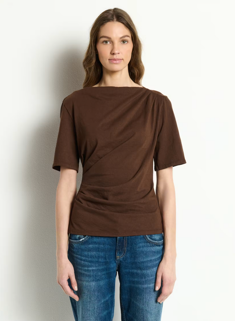 Michael Stars Andrea Asymmetrical Pleat Top - Molasses-Hand In Pocket