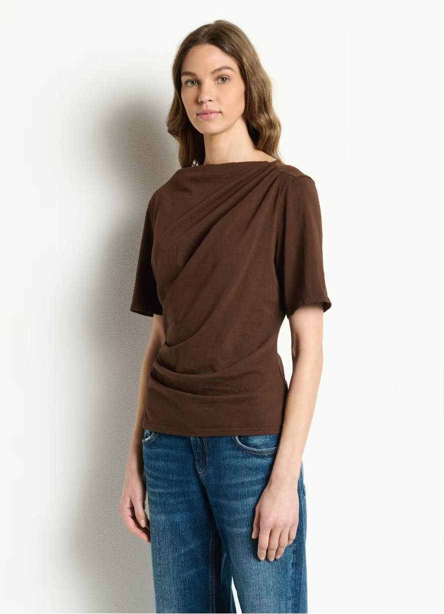 Michael Stars Andrea Asymmetrical Pleat Top - Molasses-Hand In Pocket