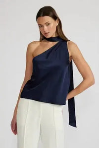 Lucy Paris Susan Tie Neck Top- Navy-Hand In Pocket