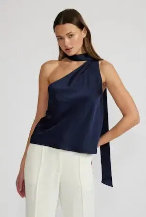 Lucy Paris Susan Tie Neck Top- Navy-Hand In Pocket