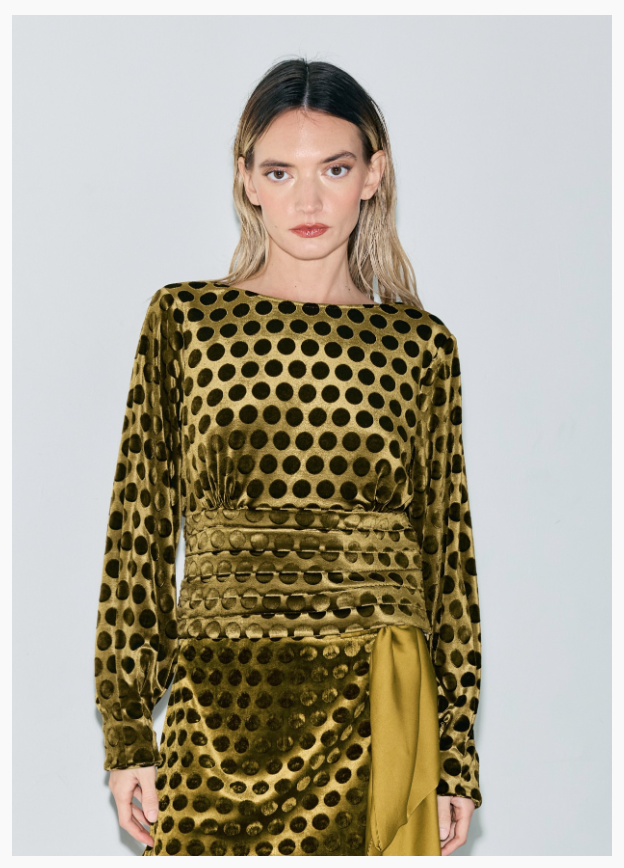 Ciebon Fosi Polka Dot Velvet Top - Gold Olive-Hand In Pocket