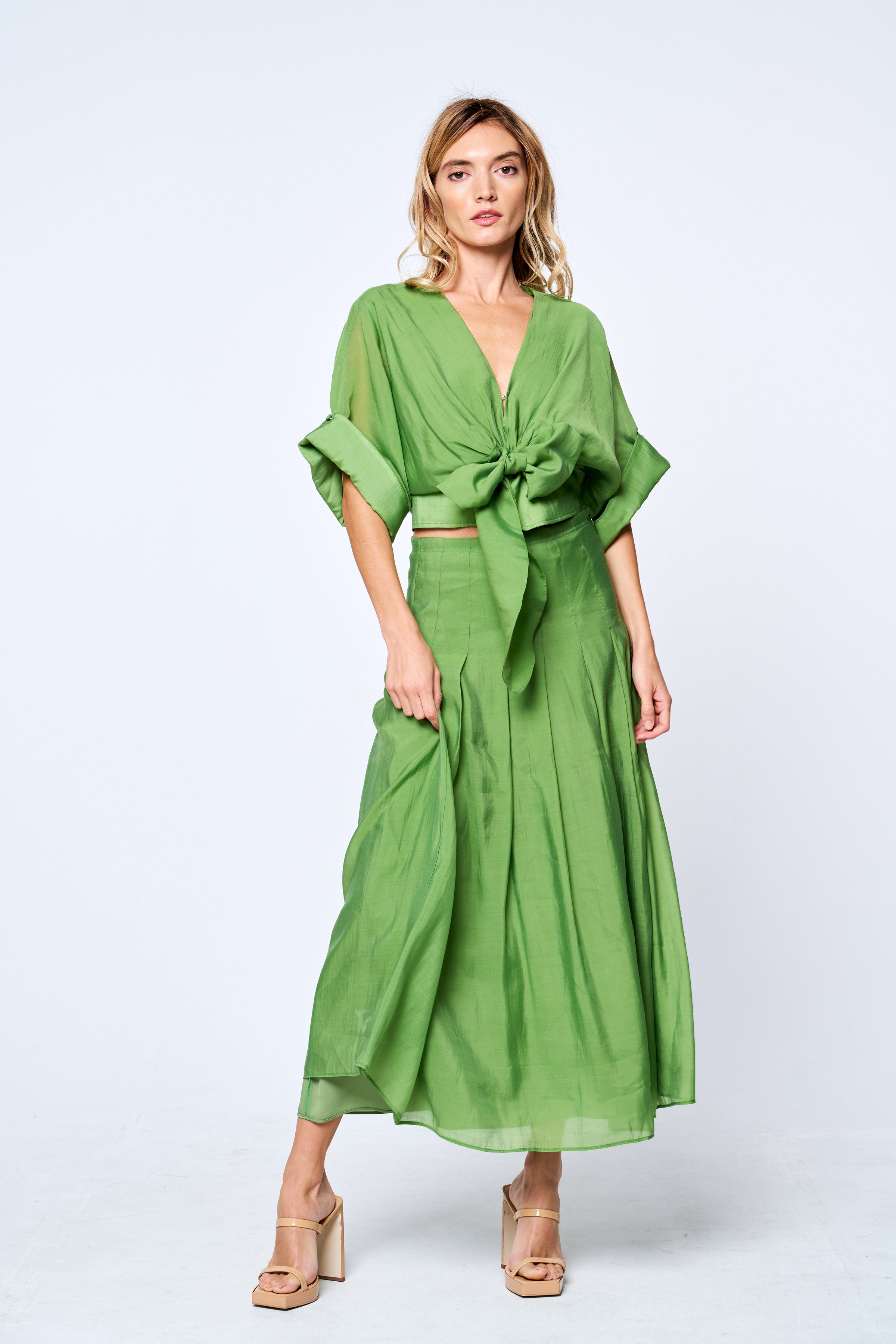 Ciebon Pheona Pleated Midi Skirt Set- Green-Hand In Pocket