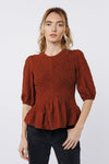 Ciebon Ersa Smocked Peplum Top-Brown-Hand In Pocket