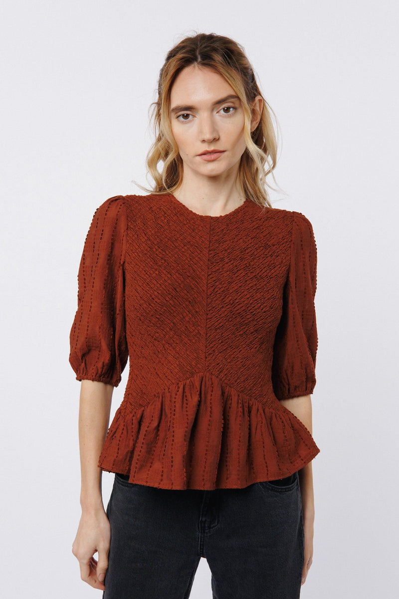 Ciebon Ersa Smocked Peplum Top-Brown-Hand In Pocket