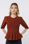 Ciebon Ersa Smocked Peplum Top-Brown-Hand In Pocket