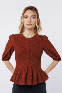 Ciebon Ersa Smocked Peplum Top-Brown-Hand In Pocket
