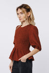 Ciebon Ersa Smocked Peplum Top-Brown-Hand In Pocket