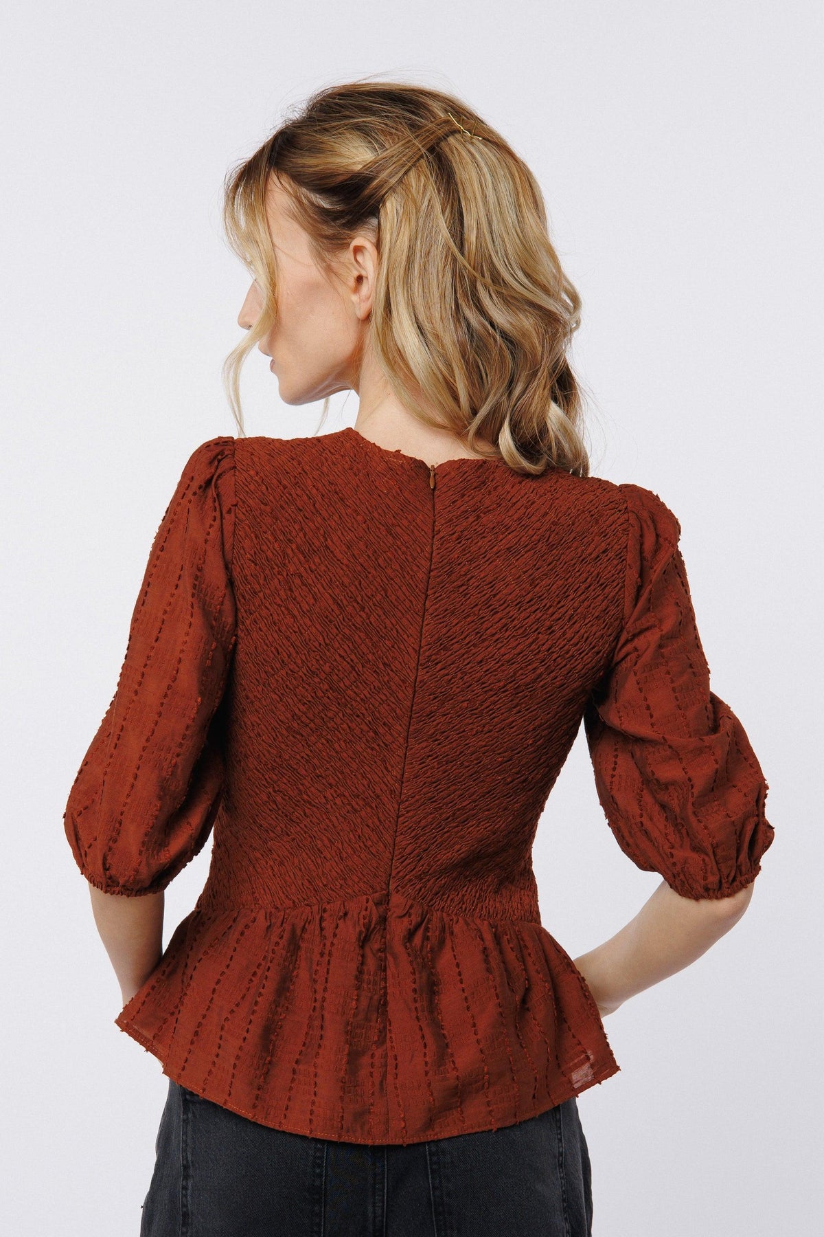 Ciebon Ersa Smocked Peplum Top-Brown-Hand In Pocket