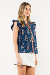 THML Madrana Block Print Top- Navy-Hand In Pocket