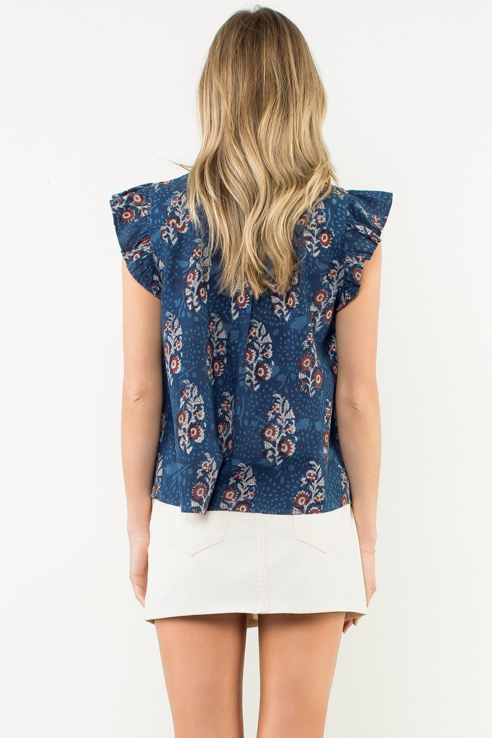 THML Madrana Block Print Top- Navy-Hand In Pocket