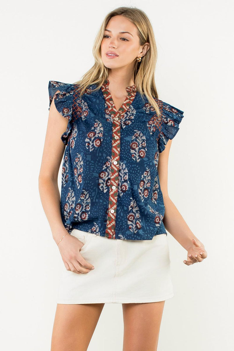 THML Madrana Block Print Top- Navy-Hand In Pocket
