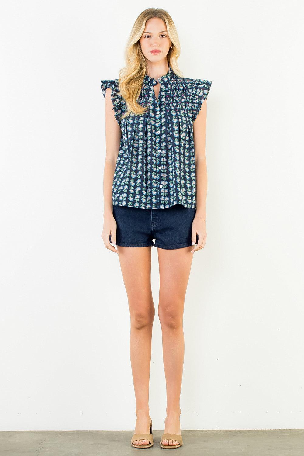 THML Liz Flutter Sleeve Top - Navy-Hand In Pocket