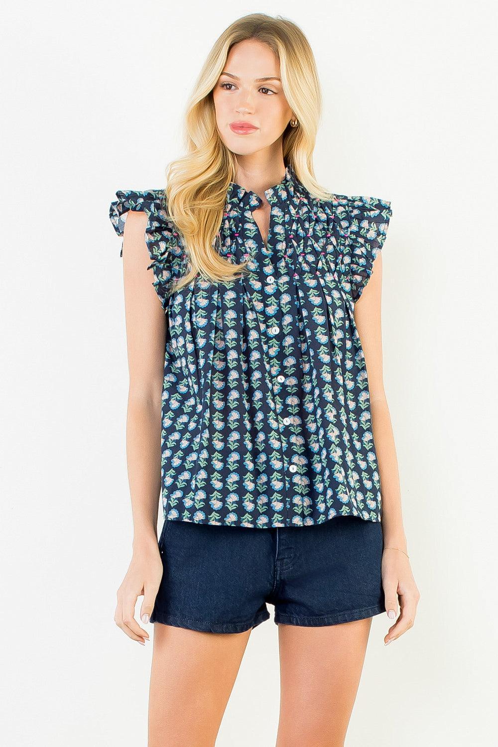 THML Liz Flutter Sleeve Top - Navy-Hand In Pocket