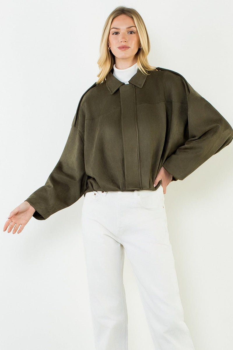 THML Sadie Suede Jacket - Green-Hand In Pocket