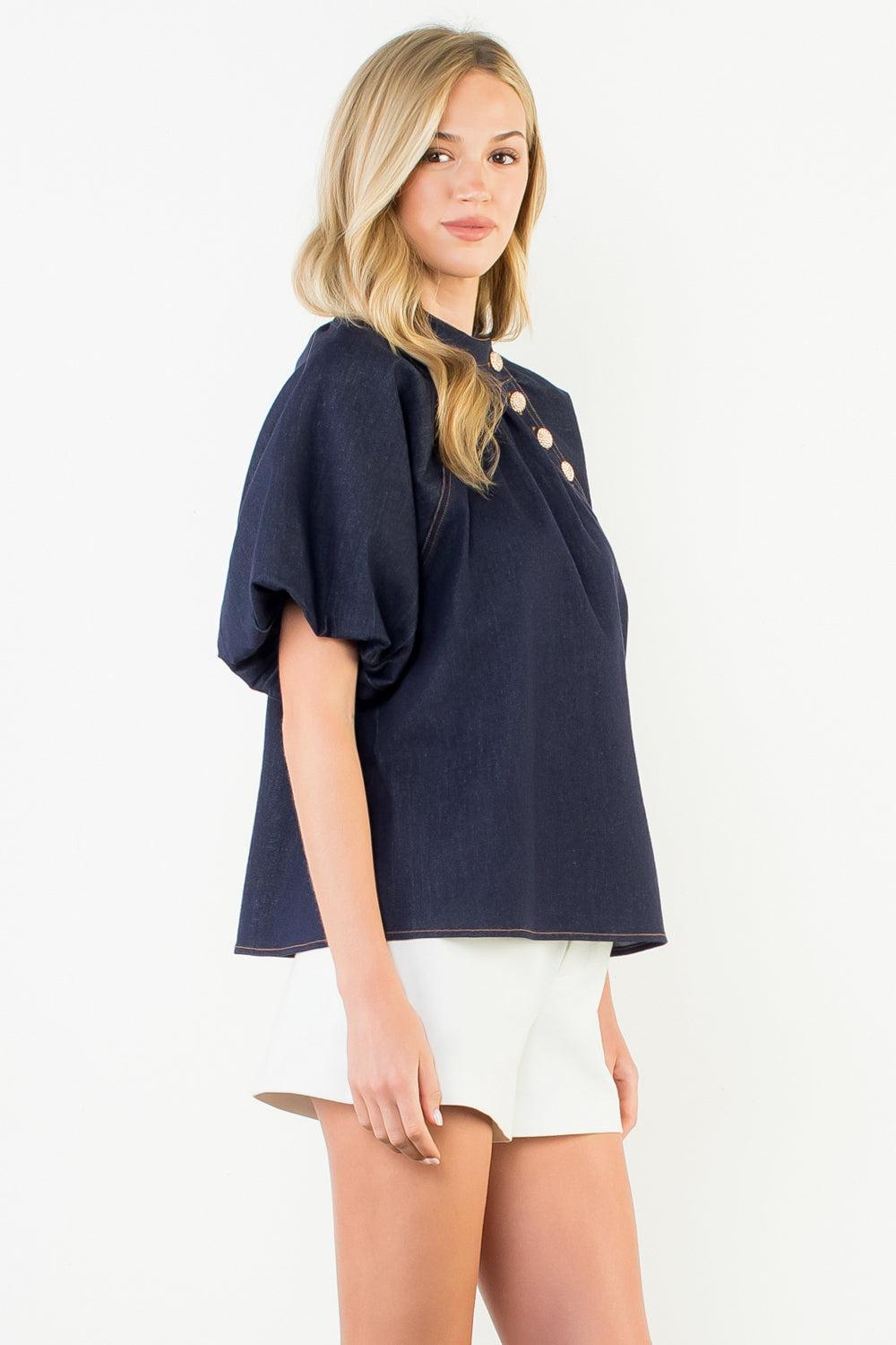 THML Alina Denim Puff Sleeve Top- Denim-Hand In Pocket