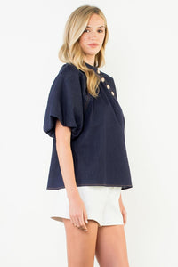 THML Alina Denim Puff Sleeve Top- Denim-Hand In Pocket