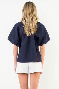 THML Alina Denim Puff Sleeve Top- Denim-Hand In Pocket