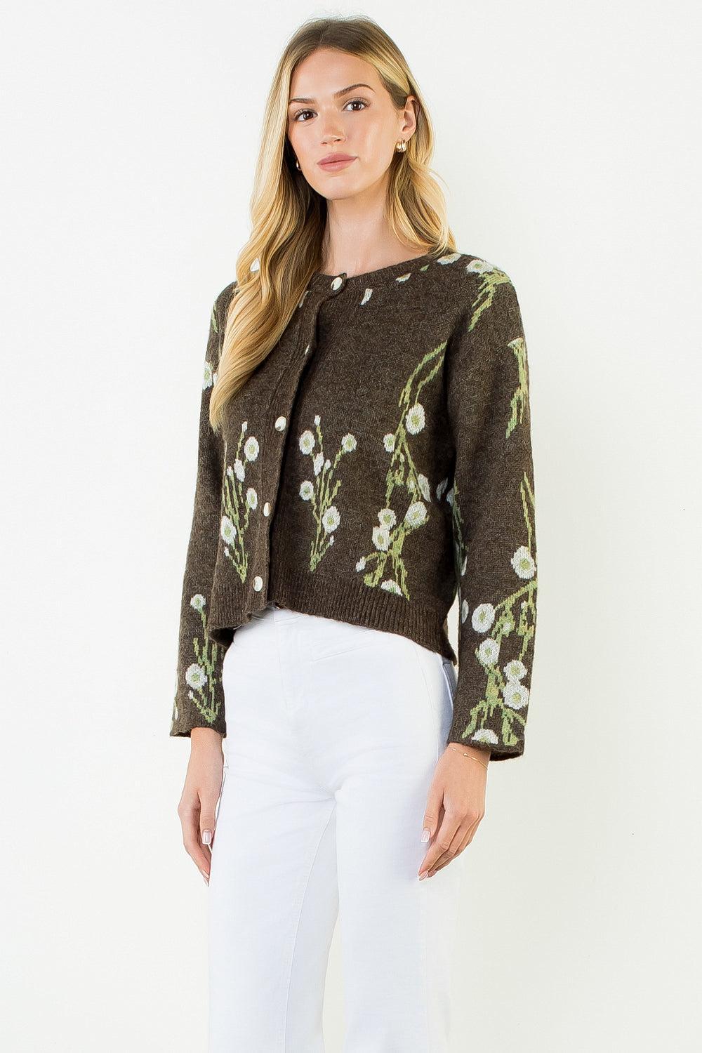 THML Magnolia Print Cardigan - Brown