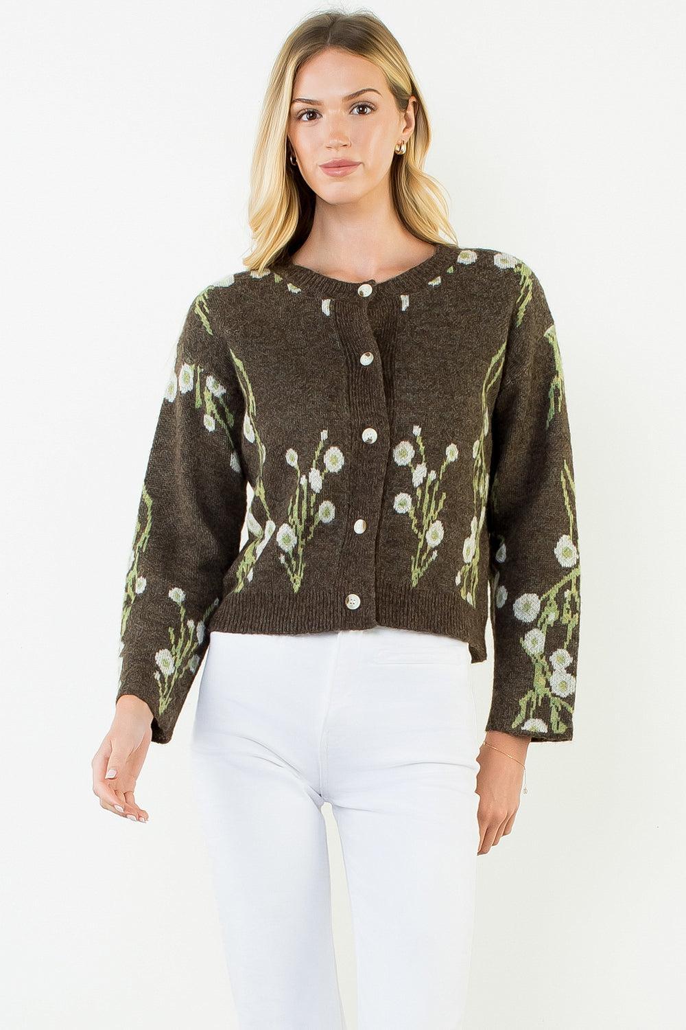 THML Magnolia Print Cardigan - Brown