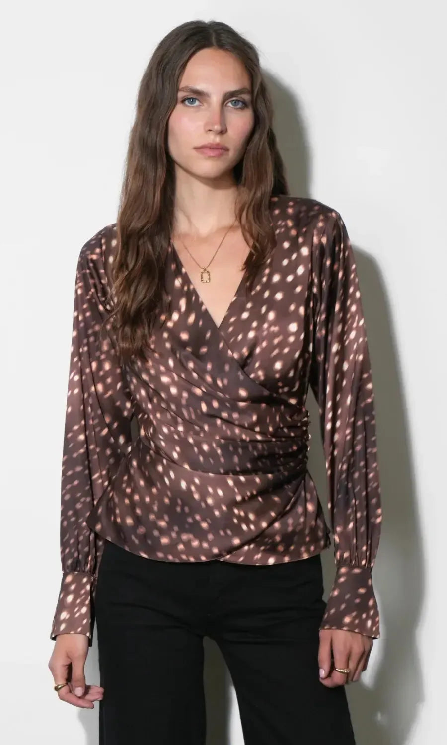 Greylin Uma Wrap Front Blouse Top - Brown Multi-Hand In Pocket