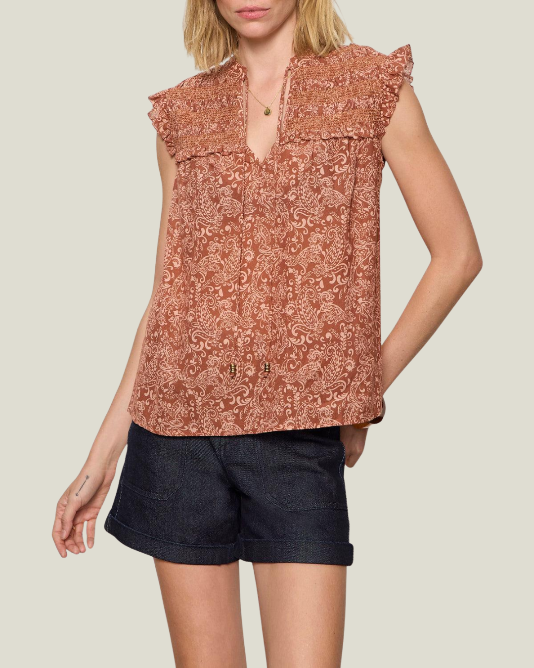 Sanctuary Free Feeling Smocked Blouse - Mosaic Clay-Hand In Pocket