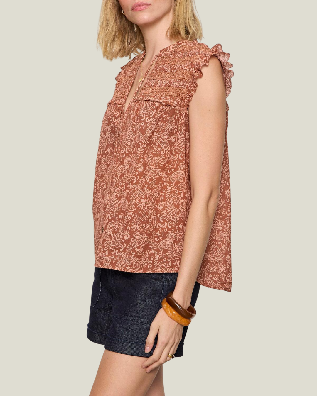 Sanctuary Free Feeling Smocked Blouse - Mosaic Clay-Hand In Pocket