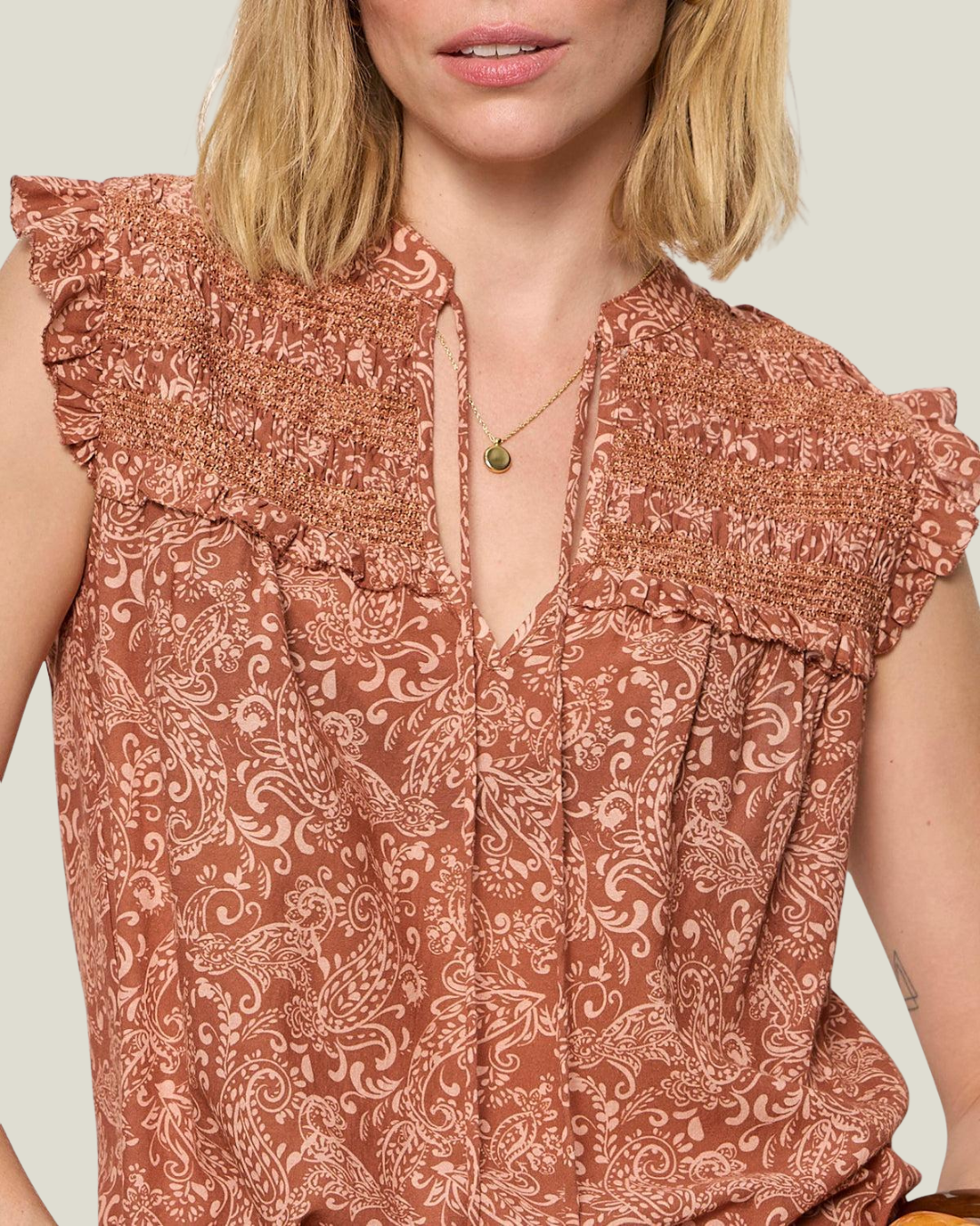Sanctuary Free Feeling Smocked Blouse - Mosaic Clay-Hand In Pocket