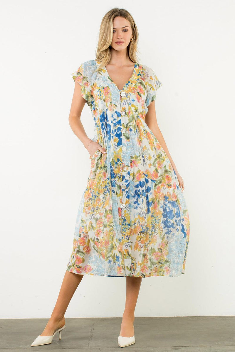 THML Kennedy V Neck Floral Dress- Cream-Hand In Pocket