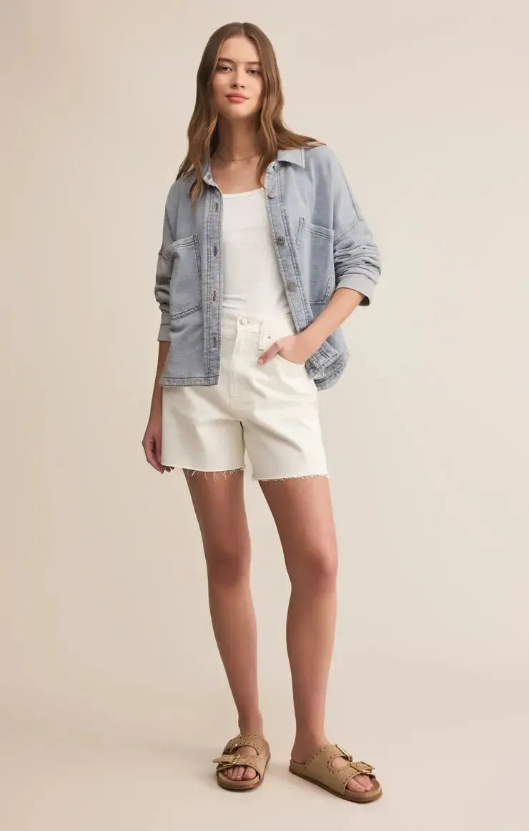 Z Supply All Day Cropped Knit Denim Jacket - Washed Indigo-Hand In Pocket
