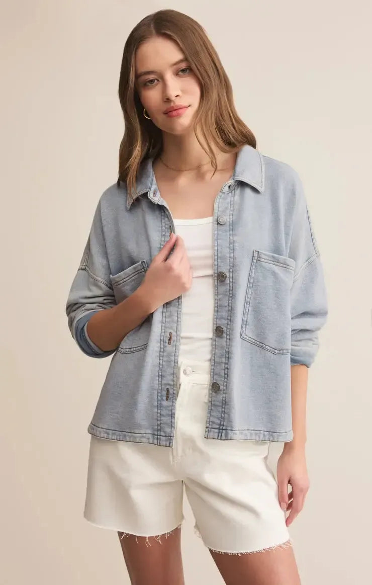 Z Supply All Day Cropped Knit Denim Jacket - Washed Indigo-Hand In Pocket