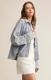 Z Supply All Day Cropped Knit Denim Jacket - Washed Indigo-Hand In Pocket