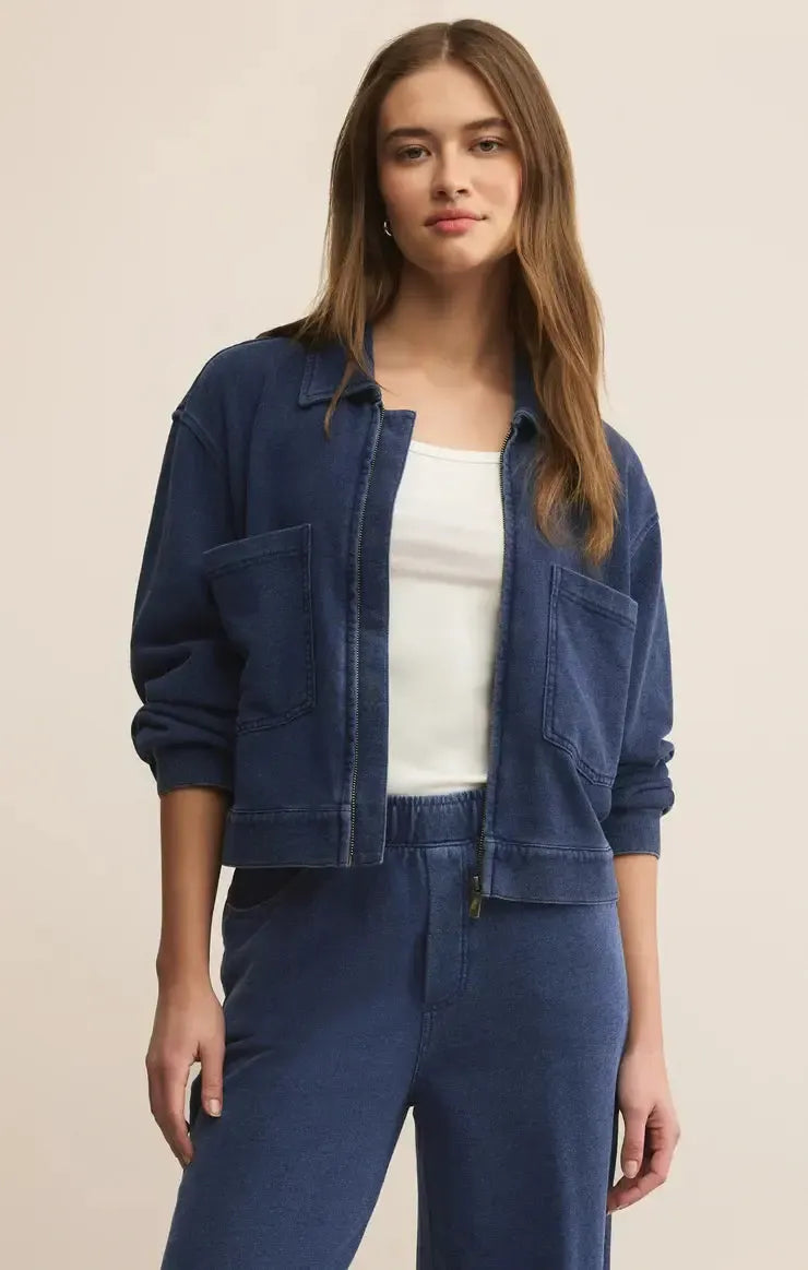 Z Supply Heritage Knit Denim Jacket- Indigo-Hand In Pocket