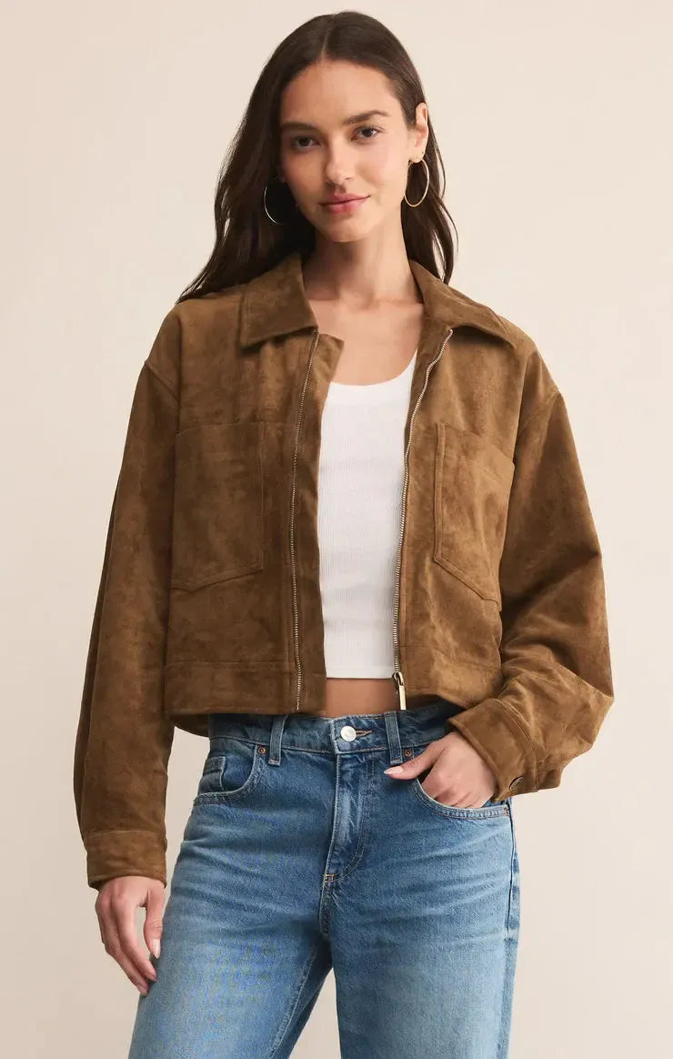 Z Supply Heritage Suede Jacket- Coconut-Hand In Pocket