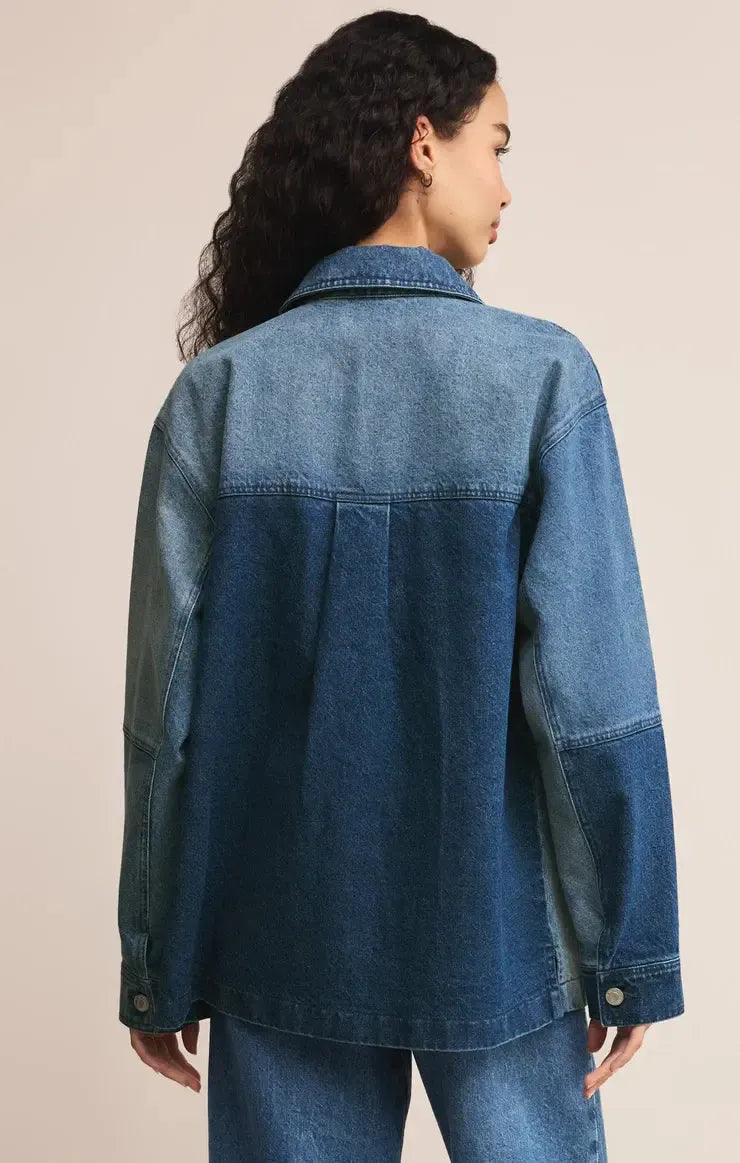Z Supply On the Road Color Block Chore Jacket- Indigo-Hand In Pocket