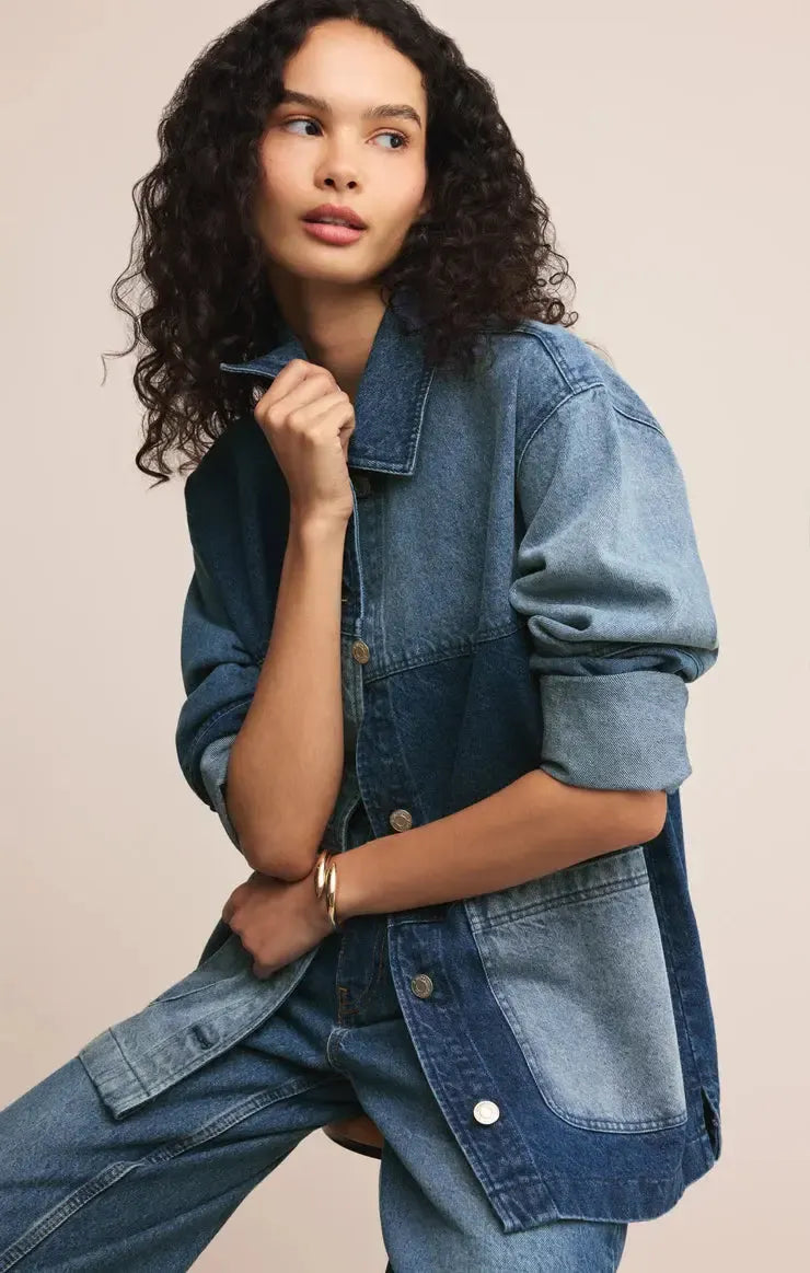 Z Supply On the Road Color Block Chore Jacket- Indigo-Hand In Pocket