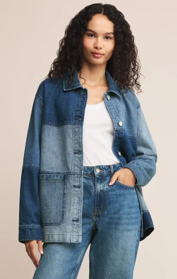 Z Supply On the Road Color Block Chore Jacket- Indigo-Hand In Pocket