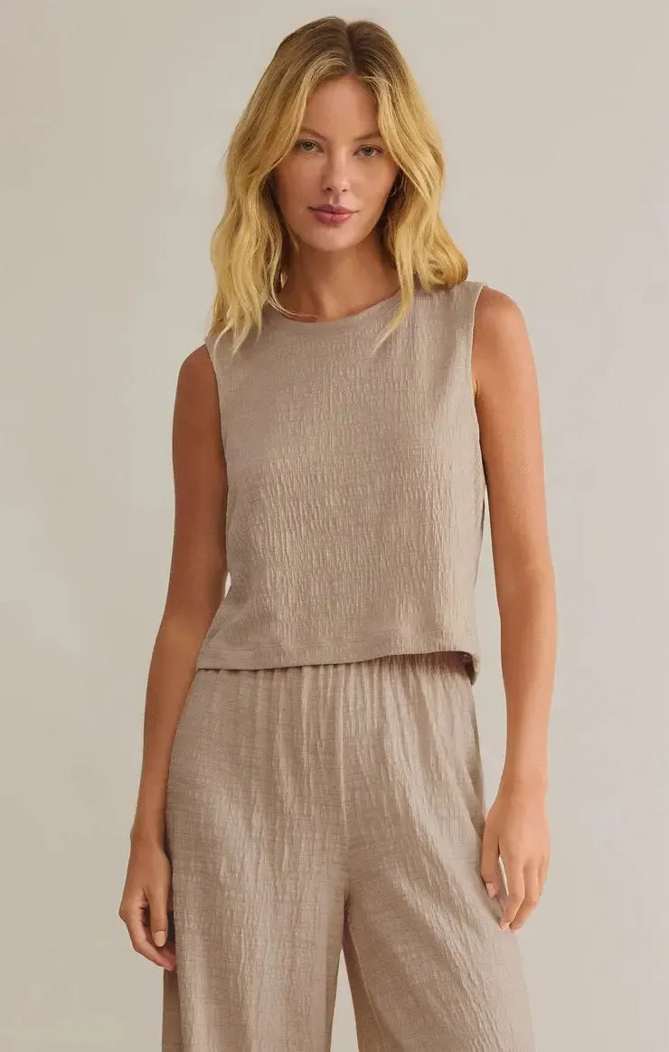 Z Supply Sloane Textured Tank- Parchment-Hand In Pocket