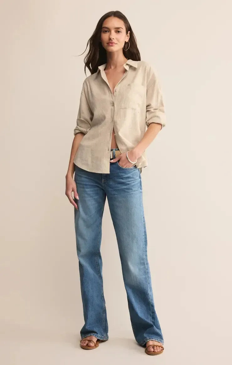 Z Supply Alfie Button Up Shirt - Flax-Hand In Pocket