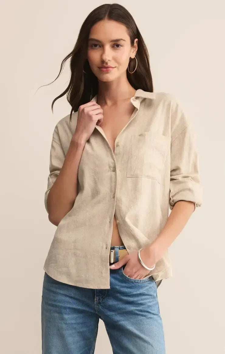 Z Supply Alfie Button Up Shirt - Flax-Hand In Pocket