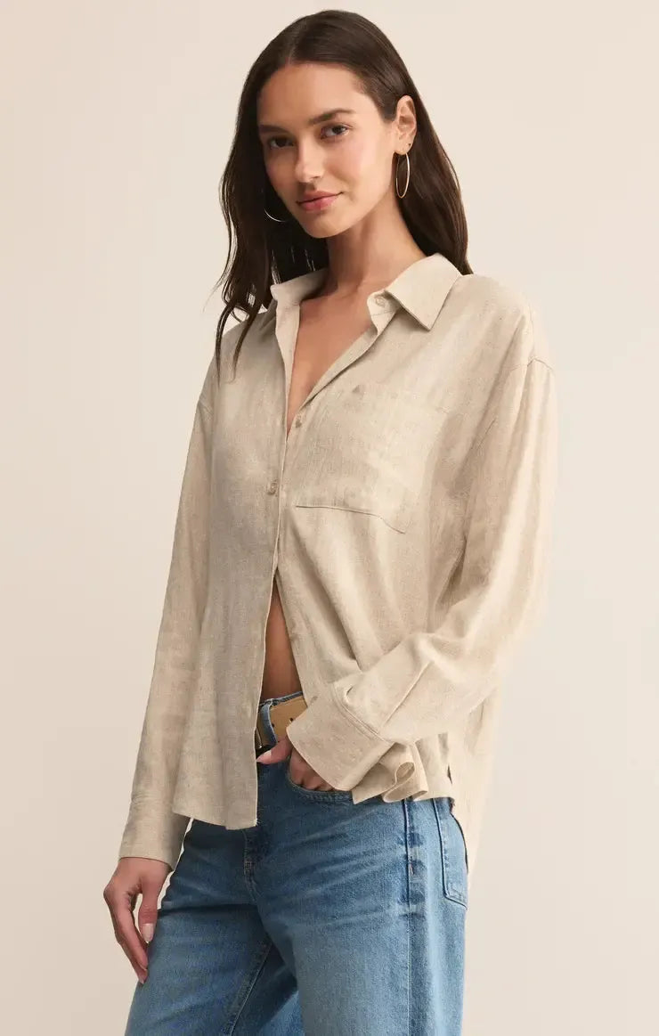 Z Supply Alfie Button Up Shirt - Flax-Hand In Pocket