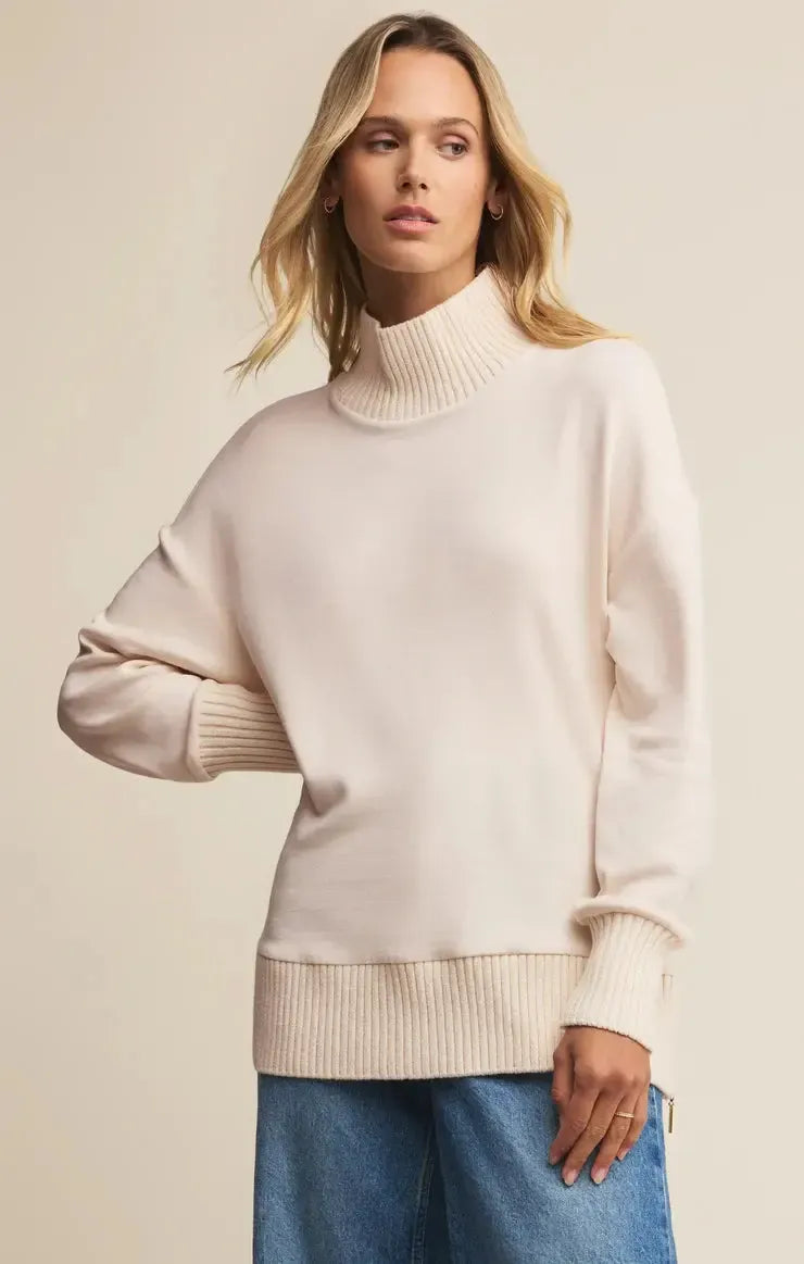 Z Supply Sable Rib Sweatshirt- Warm White-Hand In Pocket