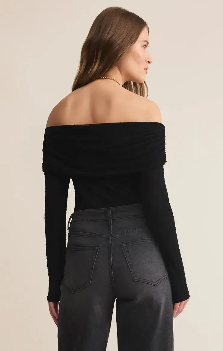 Z Supply Whimsy Off Shoulder Top- Black-Hand In Pocket