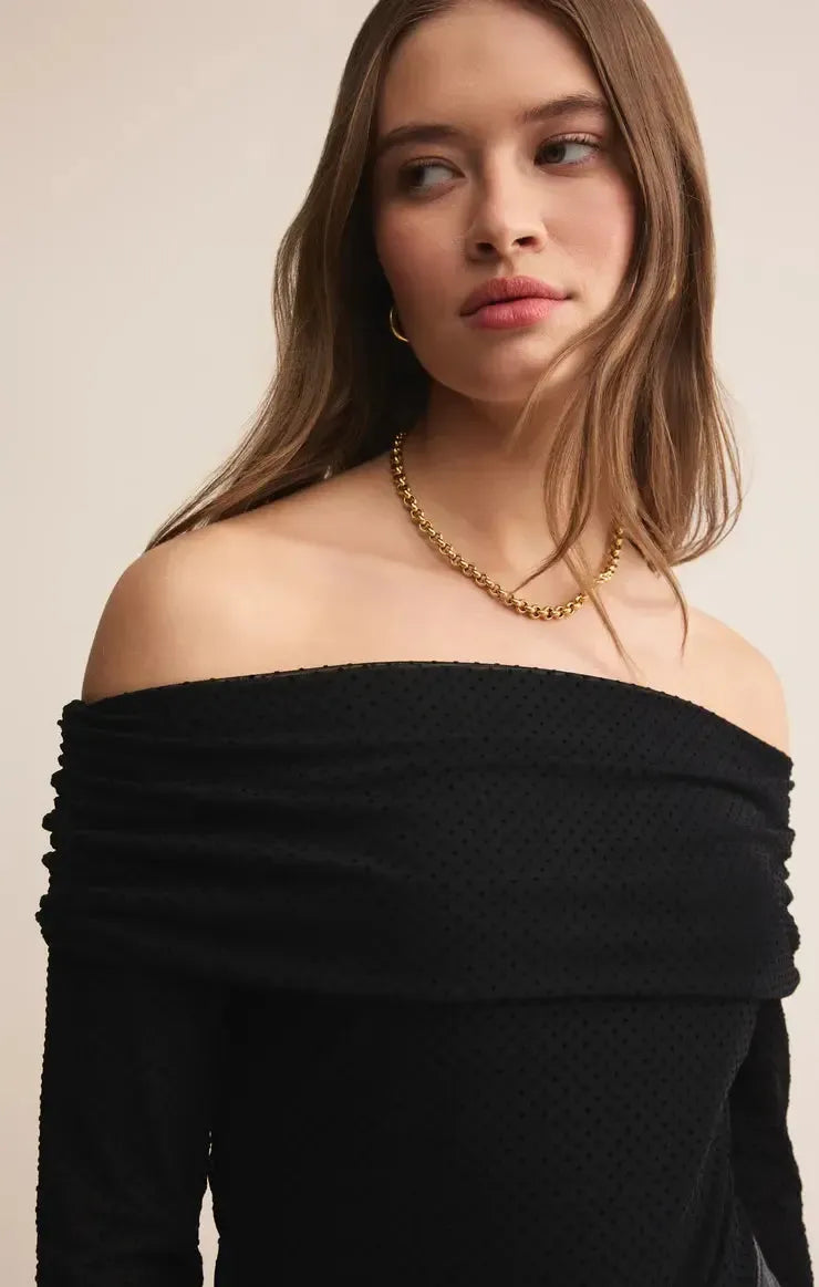 Z Supply Whimsy Off Shoulder Top- Black-Hand In Pocket