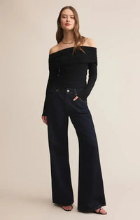Z Supply Whimsy Off Shoulder Top- Black-Hand In Pocket