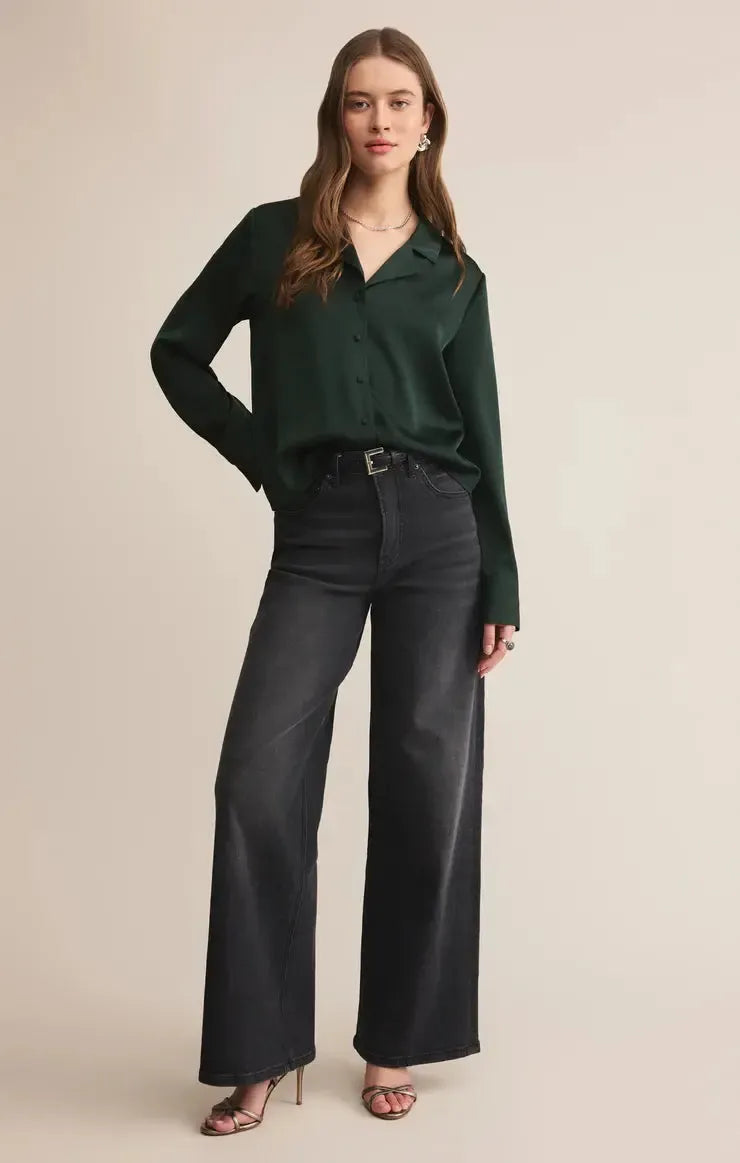 Z Supply Ana Satin Top- Garland Green-Hand In Pocket