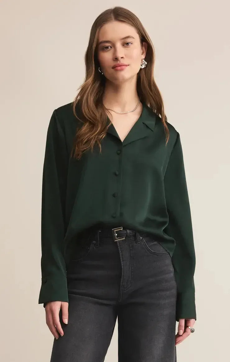 Z Supply Ana Satin Top- Garland Green-Hand In Pocket