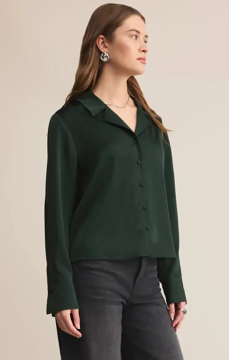 Z Supply Ana Satin Top- Garland Green-Hand In Pocket