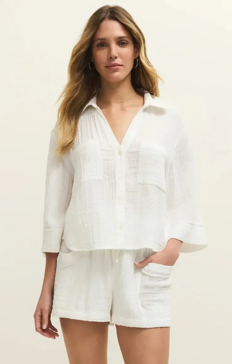 Z Supply Helena Shirt- White-Hand In Pocket