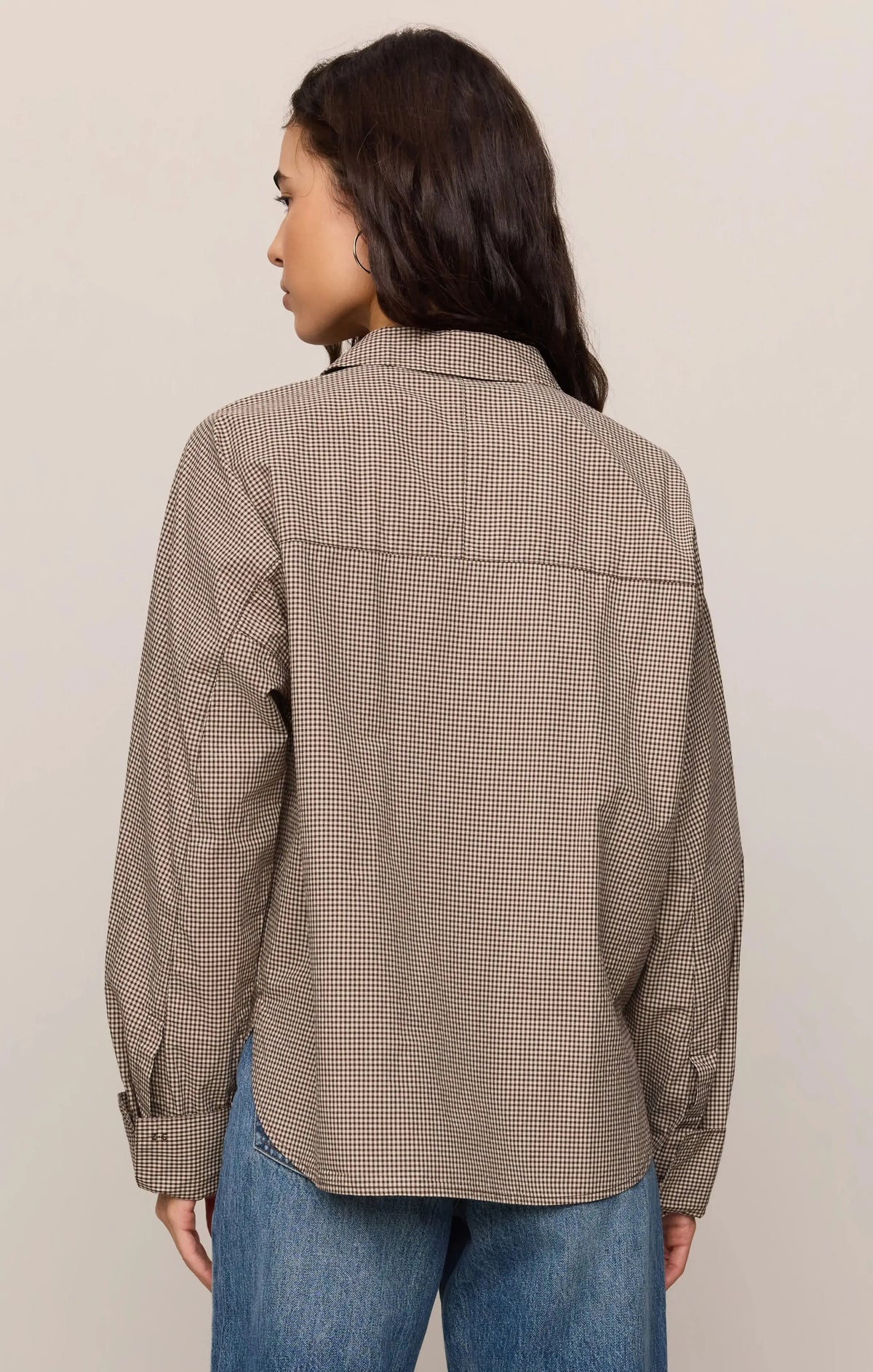 Z Supply On Duty Gingham Button Up Top - Dark Chocolate-Hand In Pocket
