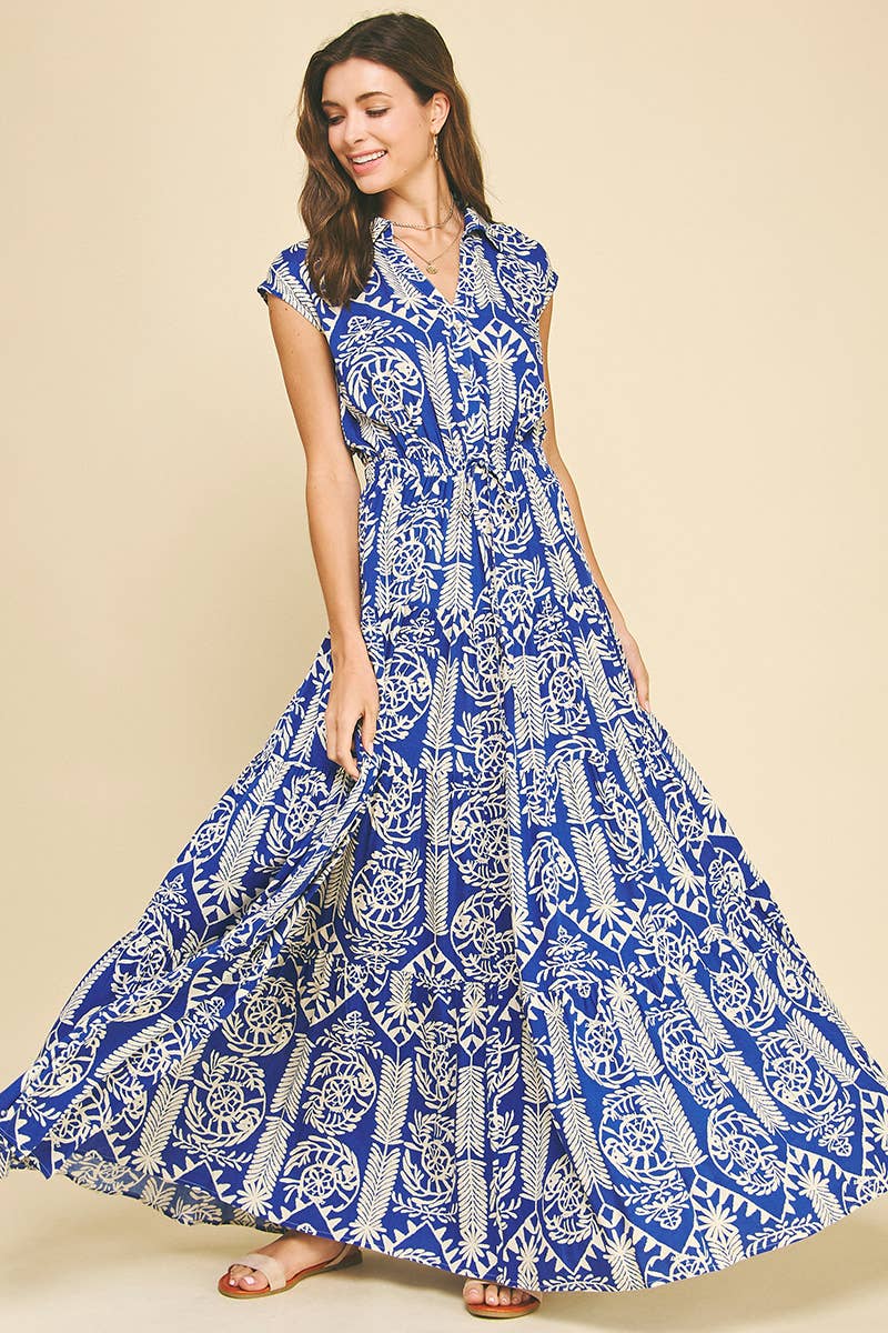 JUNGLE PRINT TIERED MAXI DRESS - 6095D: Blue / L-Hand In Pocket